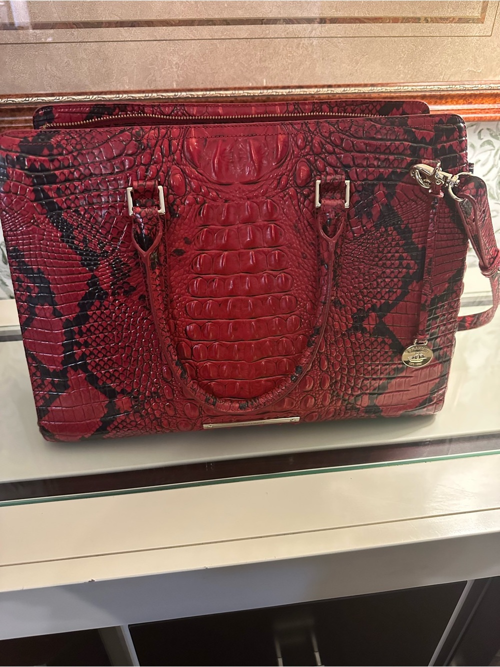 Structured Red Croc-Embossed Satchel with Black Accents with wallet